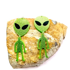Green Alien Acrylic Earrings, Extraterrestrial Space Statement Earrings Pierced or Clip-on