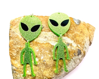 Green Alien Acrylic Earrings, Extraterrestrial Space Statement Earrings Pierced or Clip-on