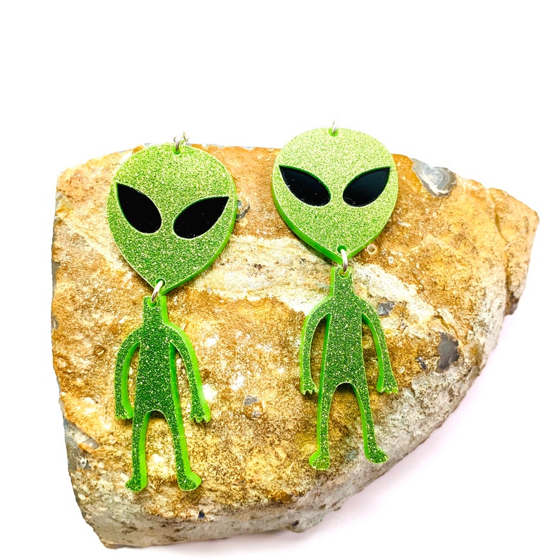 Extraterrestrial Space Statement Earrings Pierced or Clip-on Green Alien Acrylic Earrings