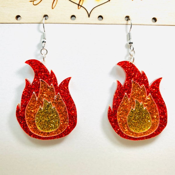 Red Orange and Gold Flame Acrylic Earrings, Fiery Fire Statement Earrings Pierced or Clip-on