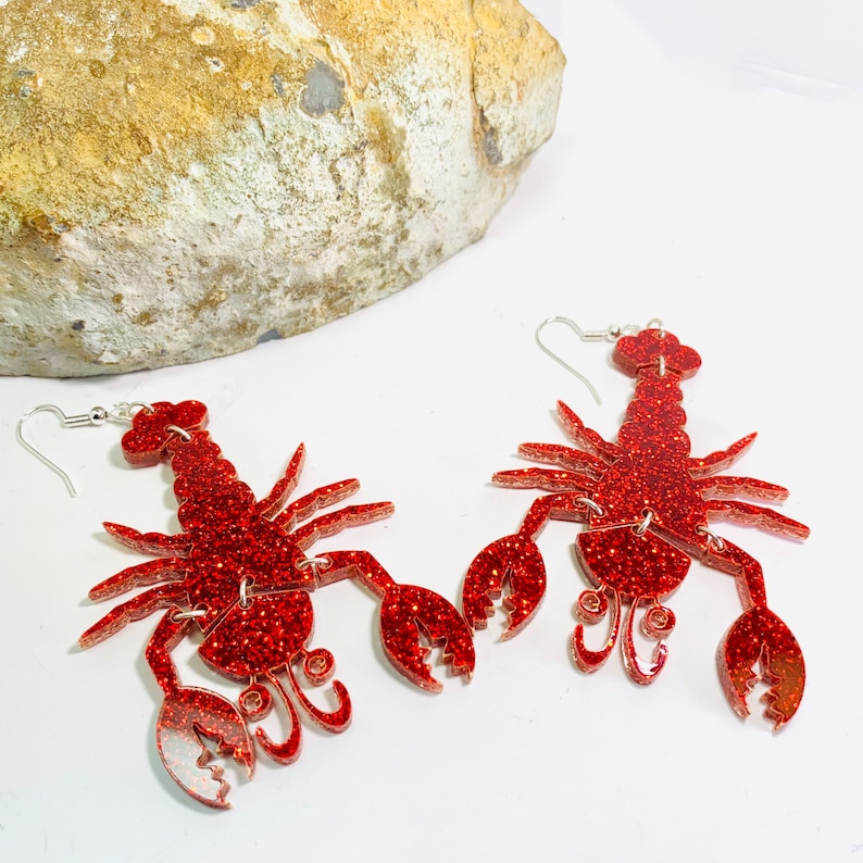 Red Glitter Lobster Acrylic Earrings Wiggling Lobster Etsy