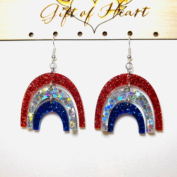 Boucles d'oreilles patriotiques scintillantes arc-en-ciel, boucles d'oreilles en acrylique scintillant rouge, blanc et bleu, boucles d'oreilles pour le jour de l'indépendance du 4 juillet