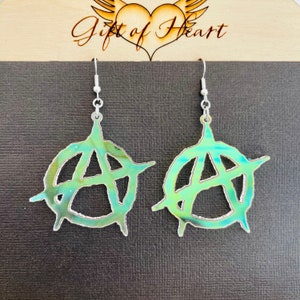 Iridescent Anarchy Acrylic Earrings, Radiant Reflective Anarchist Symbol Earrings, Pierced or Clip-Ons