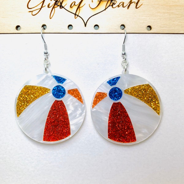 Vacation Beach Ball Acrylic Earrings, Glitter Summer Statement Earrings Pierced or Clip-on