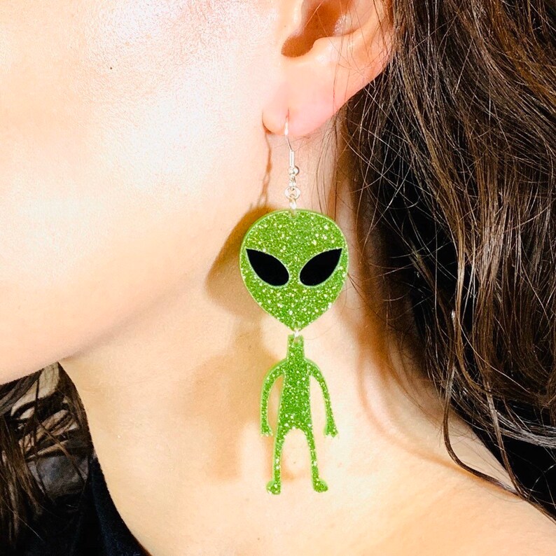 Extraterrestrial Space Statement Earrings Pierced or Clip-on Green Alien Acrylic Earrings