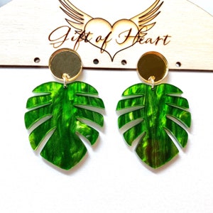 Laser Cut Iridescent Green Monstera Leaf Dangle Earrings, Palm Leaf Statement Earrings with Sterling Silver Posts