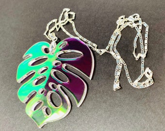 Iridescent Monstera Leaf Pendant on 24" Sterling Silver Chain, Rainbow Necklace