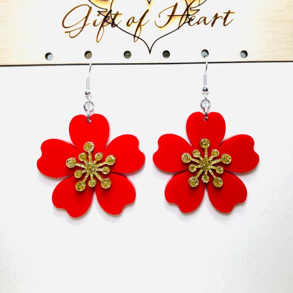 Red and Gold Flower Earrings, Floral Statement Earrings, Pierced or Clip-on