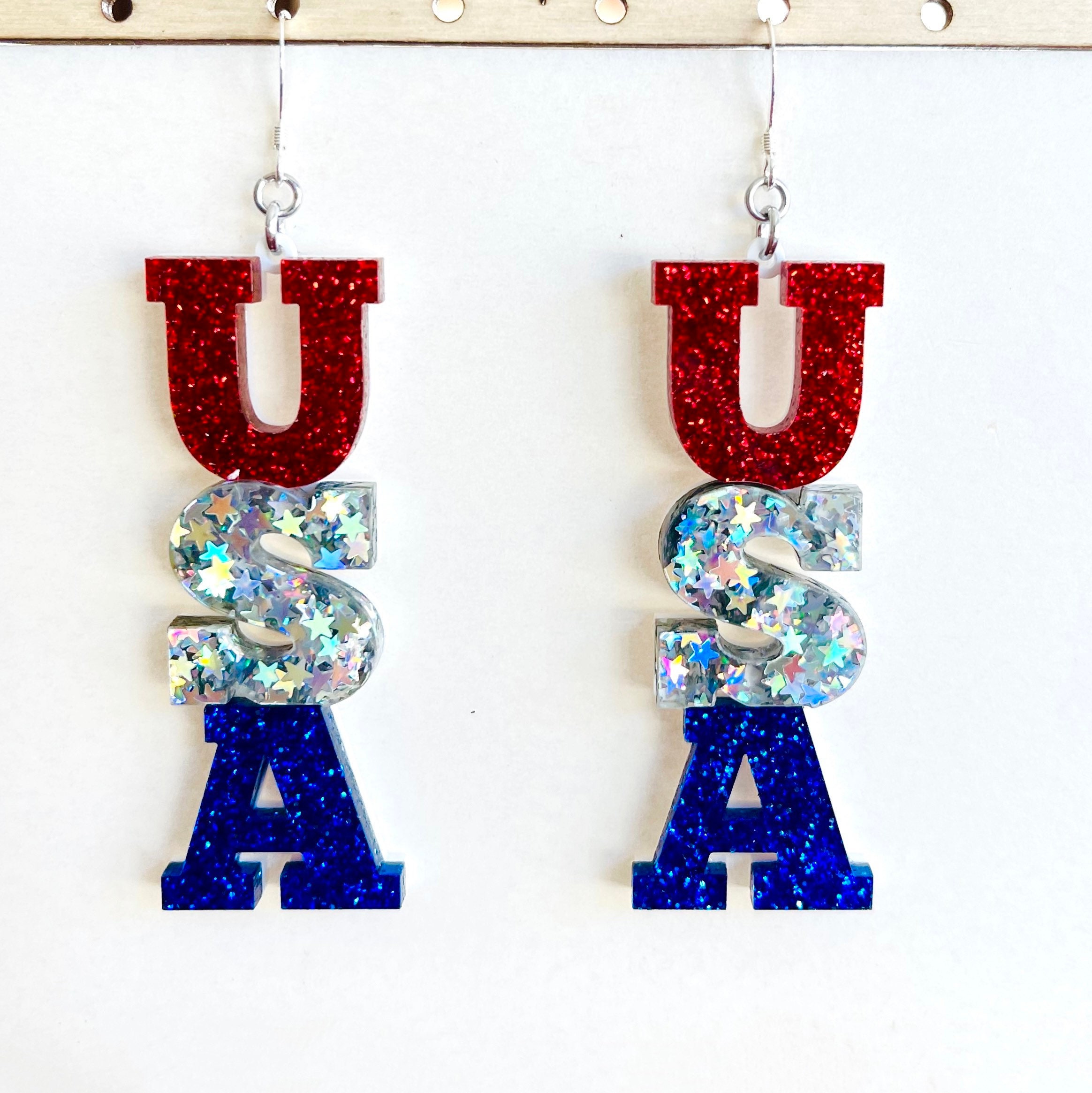 Patriotic USA Glitter Earrings Laser Cut Red White and Blue | Etsy