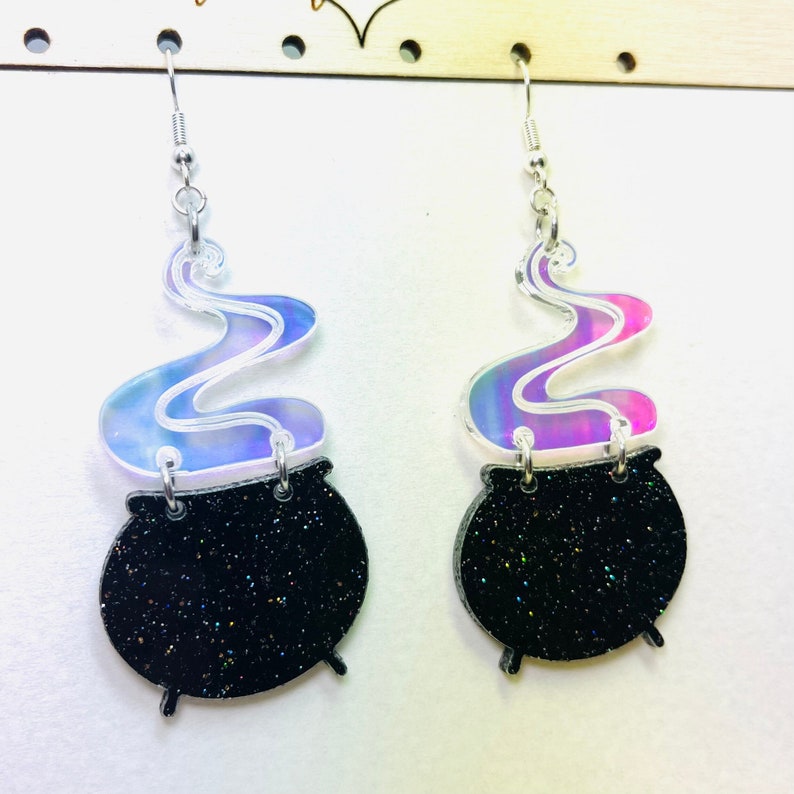 Black Cauldron Acrylic Earrings, Black Glitter Halloween Earring, Iridescent Statement Earrings Pierced or Clip-on(2 sizes) image 1