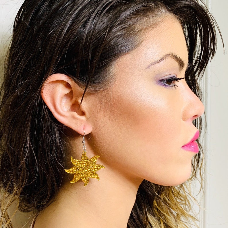 Gold Glitter Sun Earrings, Laser Cut Sparkly Statement Earrings, Acrylic Earrings Pierced or Clip-on image 3