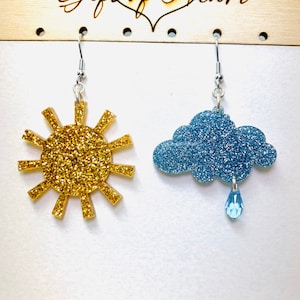 Mismatched Golden Sun and Rain Cloud Glitter Earrings, Swarovski Crystal Weather Acrylic Statement Earrings Pierced or Clip-on