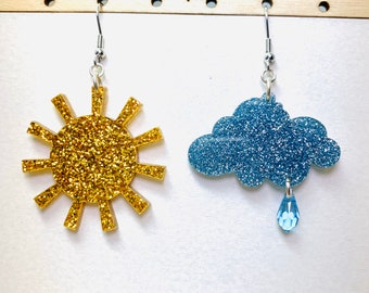 Mismatched Golden Sun and Rain Cloud Glitter Earrings, Swarovski Crystal Weather Acrylic Statement Earrings Pierced or Clip-on