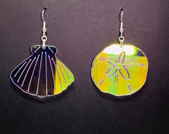 Sand Dollar och snäckskal blandade skimrande örhängen, laserskurna akrylörhängen, regnbågsfärgade iögonfallande örhängen, snäckskalörhängen