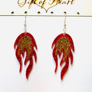 Fire Flame Acrylic Earrings, Red and Gold Glitter Acrylic Earrings, Fiery Fire Statement Earrings Pierced or Clip-on