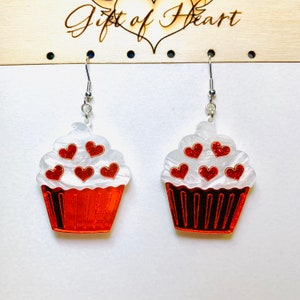 Red Heart Cupcake Acrylic Earrings, Valentines Day Statement Earrings, Love Earrings Pierced or Clip-on