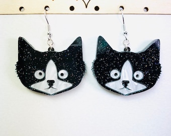 Black and White Kitty Acrylic Earrings, Cat Earrings, Animal Statement Earrings Pierced or Clip-on