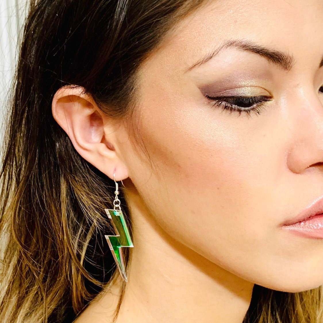 Iridescent Lightning Bolt Earrings, Rainbow Statement Earrings, Thunderbolt Earrings Pierced or Clip-on, Weather Earrings