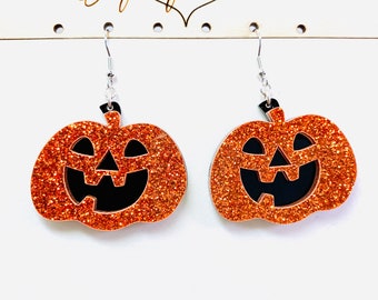 Glitter Pumpkin Acrylic Earrings, Orange Jack O' Lantern Earrings, Halloween Earrings Pierced or Clip-on