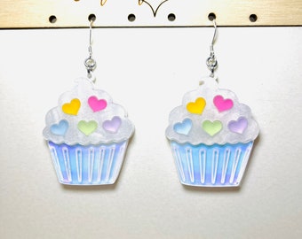 Rainbow Heart Sprinkles Cupcake Acrylic Earrings, Birthday Statement Earrings, Love Earrings Pierced or Clip-on