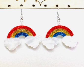 Laser Cut Glitter Rainbow Acrylic Earrings, Rainbow Statement Earrings, Colorful Earrings Pierced or Clip-on