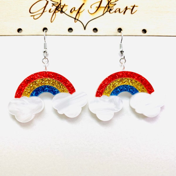 Laser Cut Glitter Rainbow Acrylic Earrings, Rainbow Statement Earrings, Colorful Earrings Pierced or Clip-on