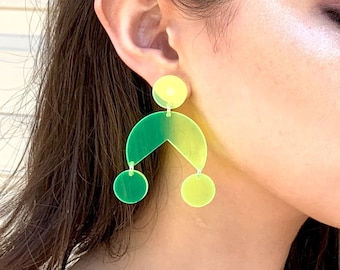 Neon Green Geometric Acrylic Earrings, Laser Cut Abstract Neon Green Acrylic Statement Earrings with Sterling Silver Posts