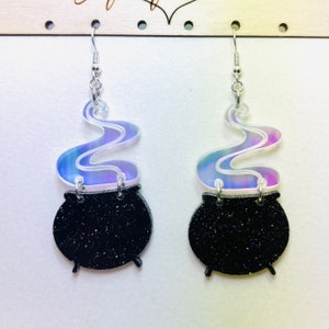 Black Cauldron Acrylic Earrings, Black Glitter Halloween Earring, Iridescent Statement Earrings Pierced or Clip-on(2 sizes) Large 2”