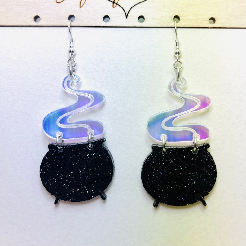 Black Cauldron Acrylic Earrings, Black Glitter Halloween Earring, Iridescent Statement Earrings Pierced or Clip-on(2 sizes) Large 2”