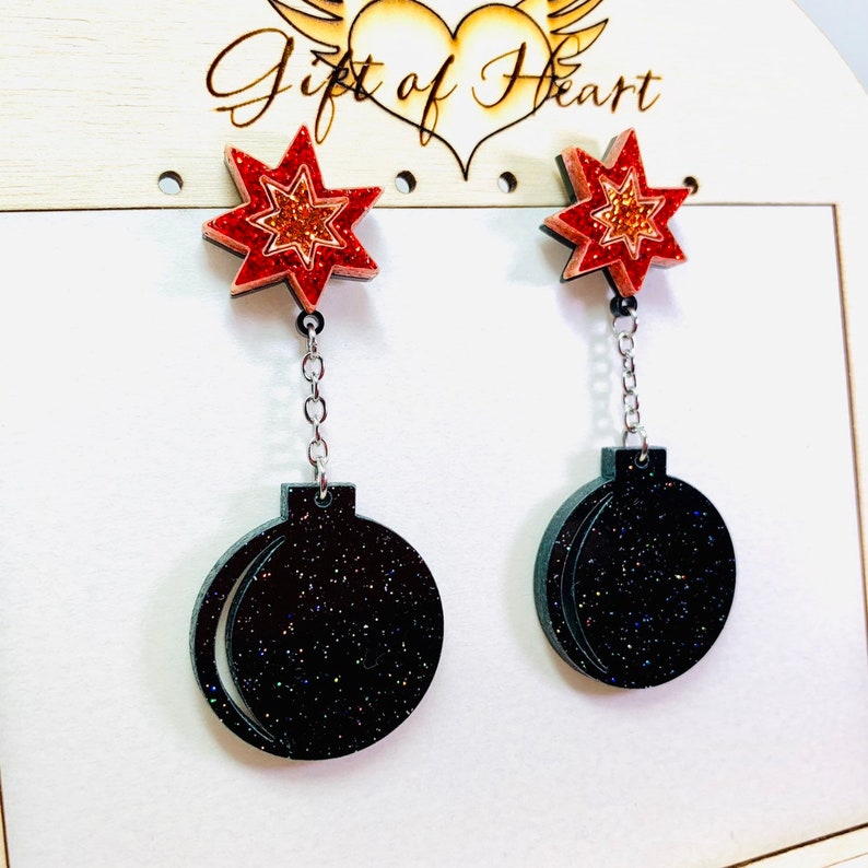 Glitter Bomb Earrings with Sterling Silver Posts Da Bomb Acrylic Earrings Black Explosive Statement Earrings