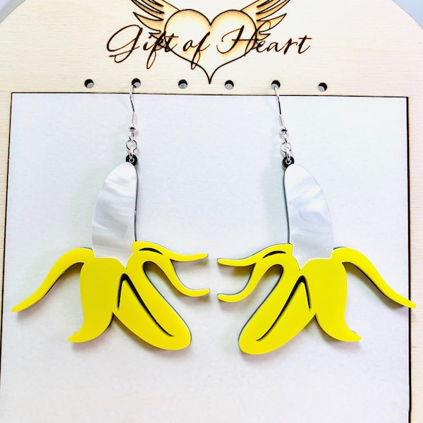 Yellow Banana Acrylic Earrings, Fruit Statement Earrings Pierced or Clip-on