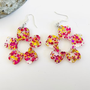 Pink and Gold Glitter Flower Power Acrylic Earrings, Floral Statement Earrings Pierced or Clip-on