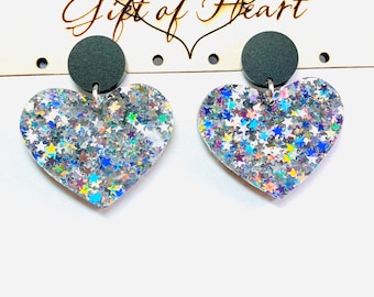 Iridescent Star Glitter Heart Acrylic Earrings, Rainbow Statement Earrings with Sterling Silver Posts