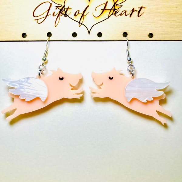 Flying Pigs Acrylic Earrings, When Pigs Fly Pig with Wings Animal Statement Earrings Pierced or Clip-on