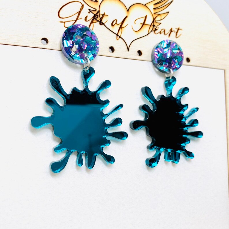 Teal Splat Acrylic Earrings Abstract Statement Earrings with Sterling Silver Posts