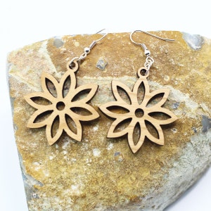 Daisy Flower Wood Earrings, Lightweight Statement Earrings, Nature Floral Earrings