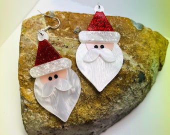 Christmas Santa Clause Acrylic Earrings, Holiday Festive Statement Earrings Pierced or Clip-on