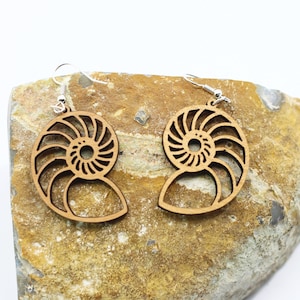 Laser Cut Intricate Seashell Dangle Wood Earrings, Wooden Boho Earrings, Statement Earrings, Nautilus Shell Earrings