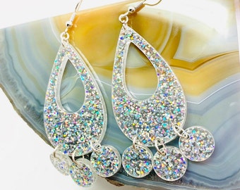 Rainbow Glitter Teardrop Earrings, Laser Cut Rainbow Acrylic Earrings, Chandelier Statement Earrings Pierced or Clip-on