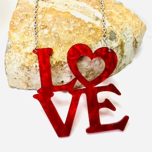 Red Love Letters Statement Necklace, Laser Cut Acrylic Necklace with Stainless Steel Chain