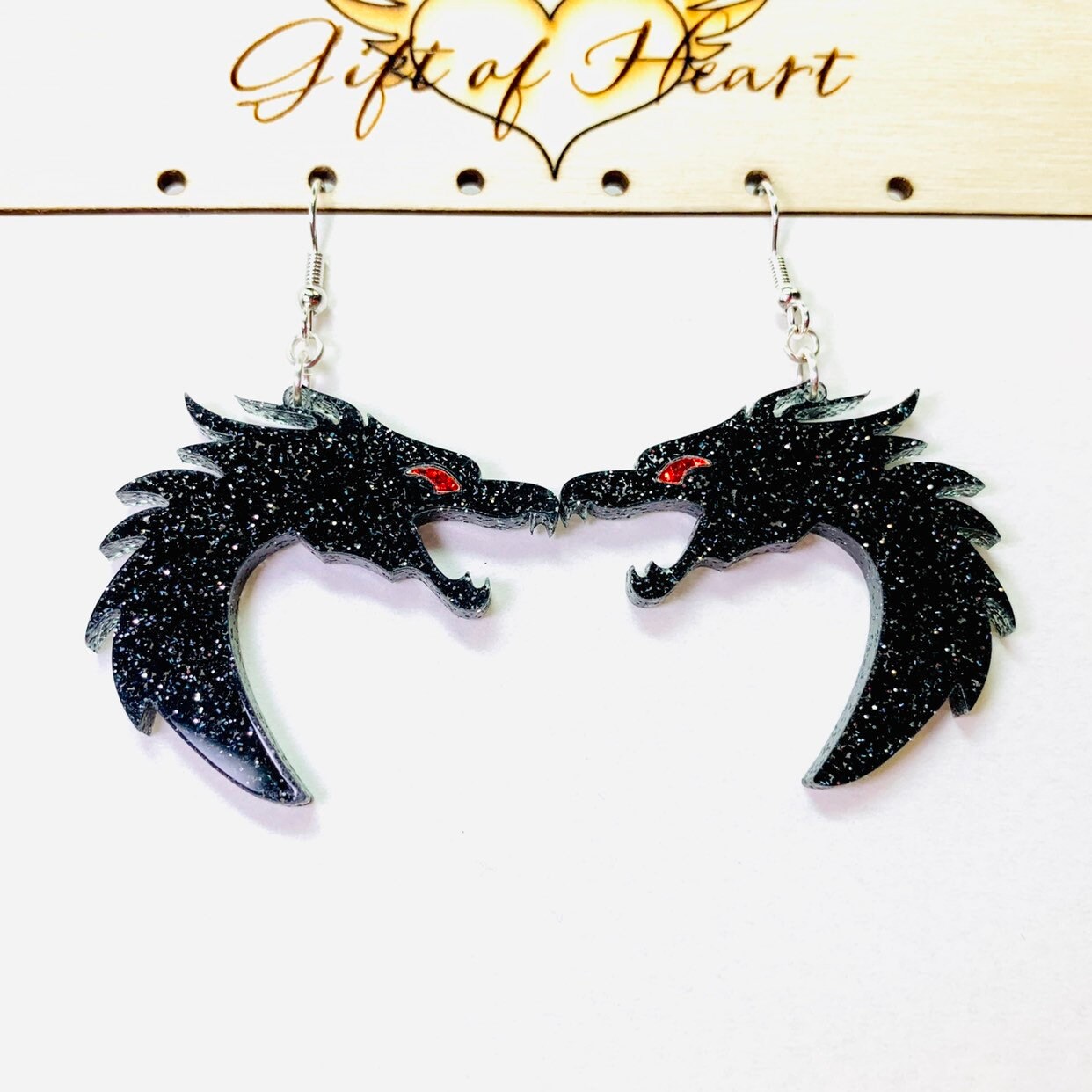 Black Glitter Dragon Head Acrylic Earrings Mystical Animal