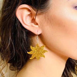 Gold Glitter Sun Earrings, Laser Cut Sparkly Statement Earrings, Acrylic Earrings Pierced or Clip-on image 4