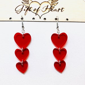 Acrylic Earrings Laser Cut String of Hearts Dangle Earrings, Statement Earrings, Gift for Her, Red Heart Earrings, Mother's Day Gift