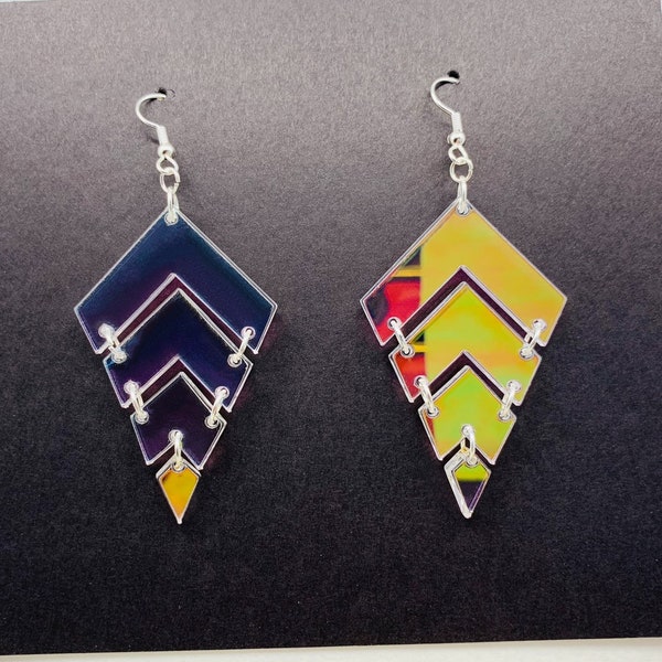 Iridescent Chevron Acrylic Earrings, Statement Earrings, Chic Boho Earrings, Rainbow Earrings, Gift for Her, Pierced or Clip-on