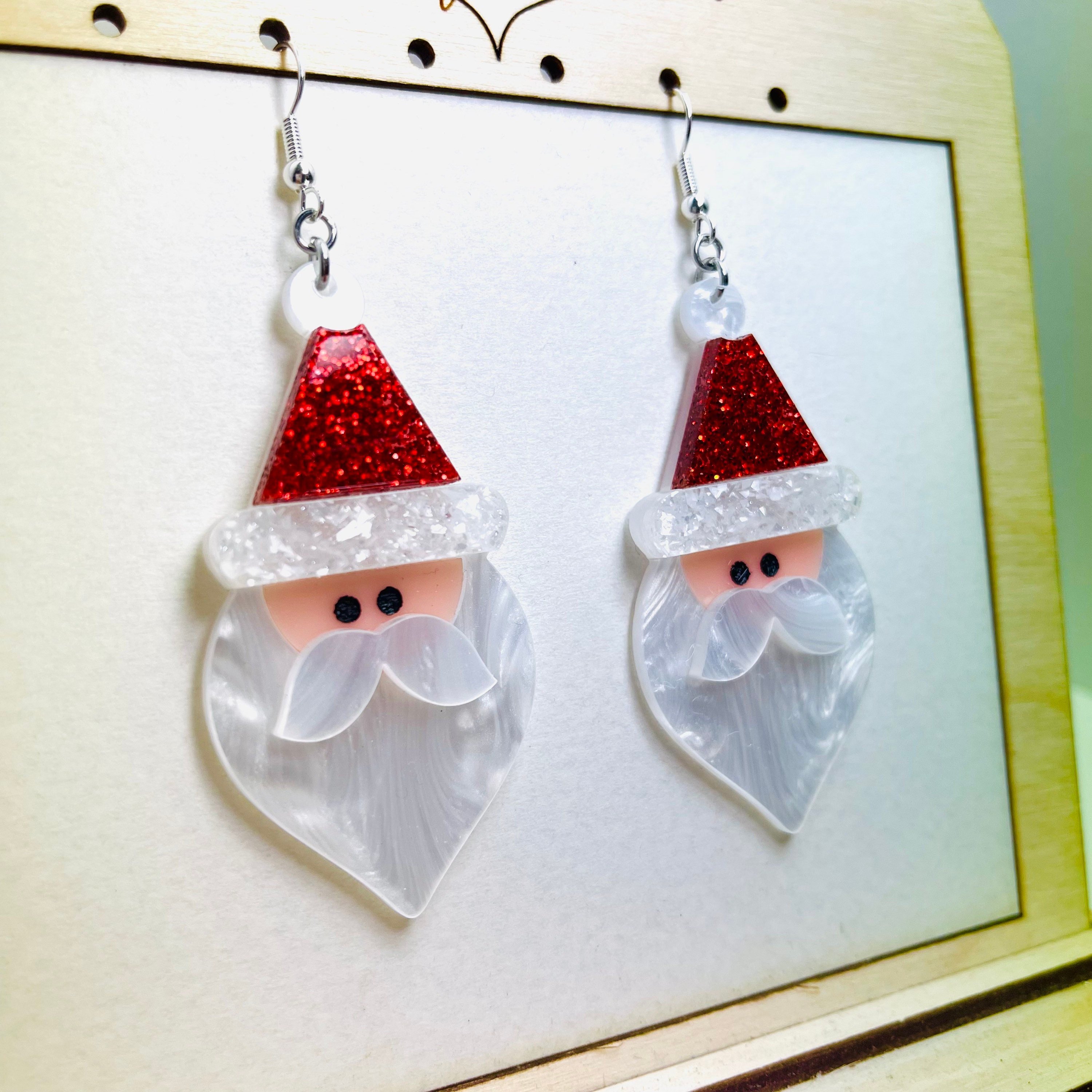 Christmas Santa Clause Acrylic Earrings, Holiday Festive Statement Earrings Pierced or Clip-on
