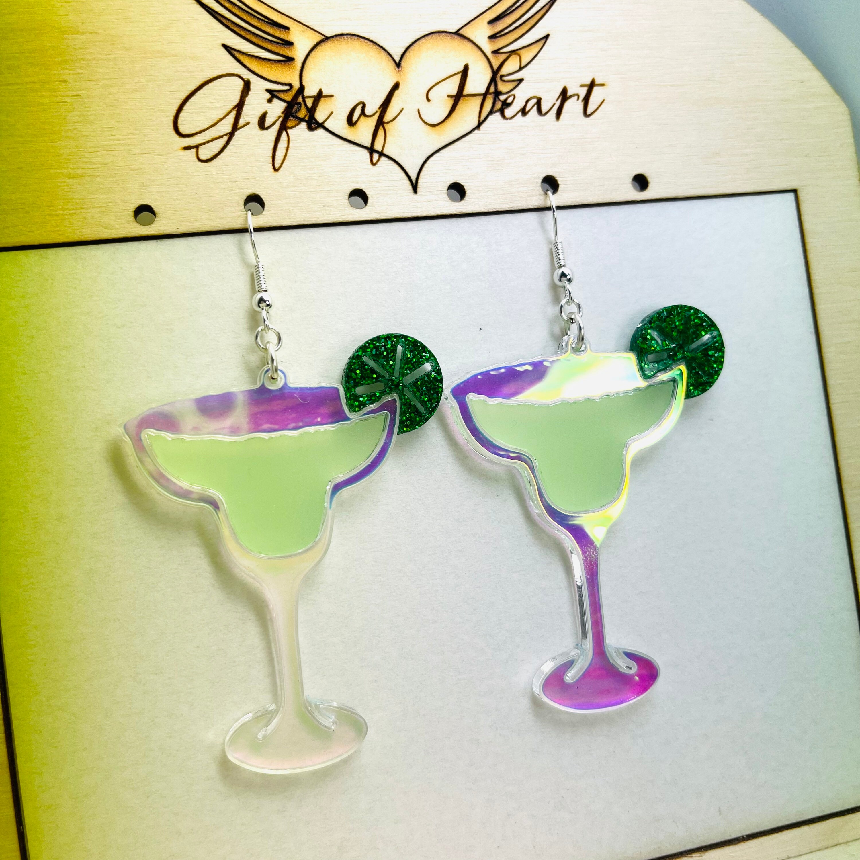 Iridescent Margaritas with Lime Acrylic Earrings, Food Cocktail Statement Earrings Pierced or Clip-on