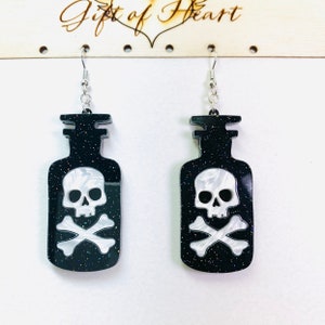 Bottle of Poison Acrylic Earrings, Edgy Acrylic Statement Earrings, Scary Halloween Earrings Pierced or Clip-on