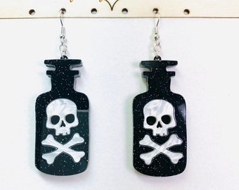 Bottle of Poison Acrylic Earrings, Edgy Acrylic Statement Earrings, Scary Halloween Earrings Pierced or Clip-on