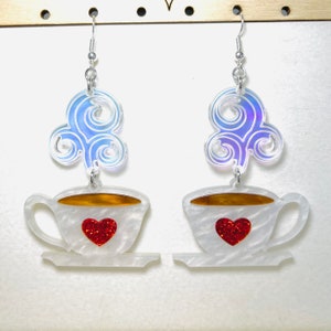 Cup of Coffee with Steam Acrylic Earrings, White Pearlescent Cup of Tea Statement Earrings, Food Earrings Pierced or Clip-On