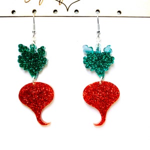 Red Radish Glitter Acrylic Earrings, Food Statement Earrings, Vegetable Earrings Pierced or Clip-on